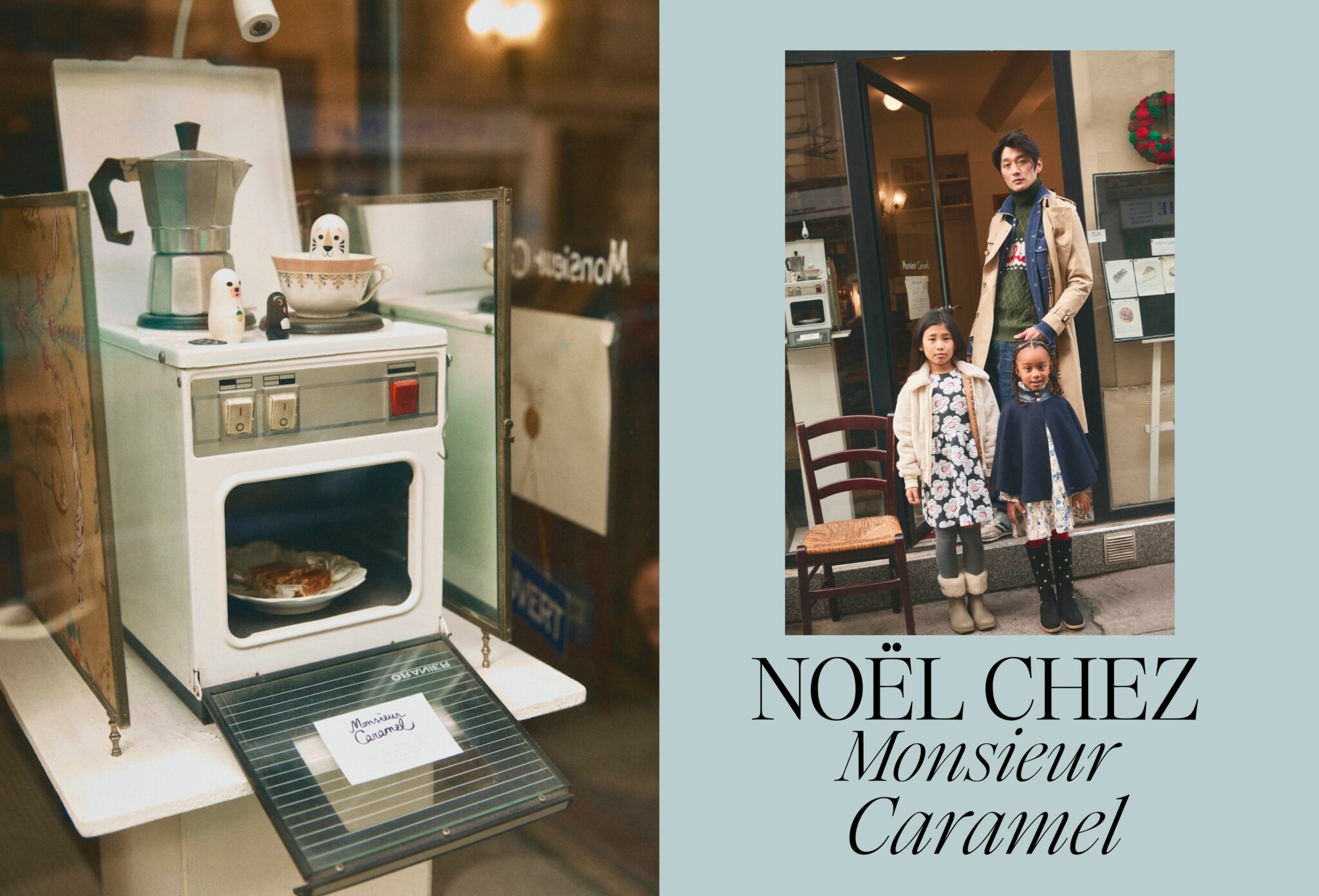 Vintage toy oven displayed in a shop window at Monsieur Caramel during Christmas, paired with a family portrait styling children in classic winter outfits, photographed by Joseph Collin for Scimparello Magazine.