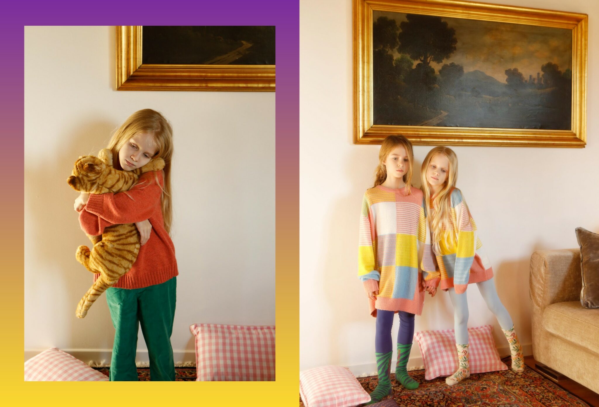 Two girls in a cosy, domestic setting: one hugging a plush tiger while wearing a warm knit and trousers, the other standing together in colourful patchwork knit dresses on a vintage rug, photographed by Annarella for the kids fashion editorial Merry, more or less for Scimparello Magazine.