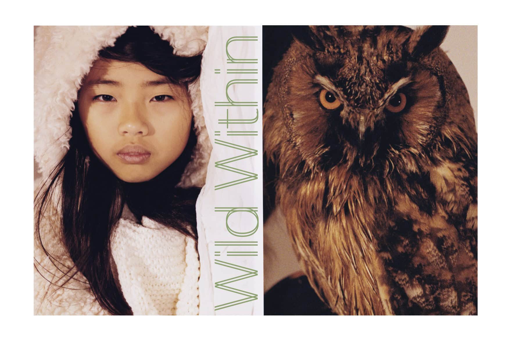 Child in a soft white hooded coat and chunky knitwear beside a close-up of a brown owl with bright amber eyes; editorial Wild Within for Scimparello Magazine. Photo by Emma Wright, styling by Holly Moluluo.