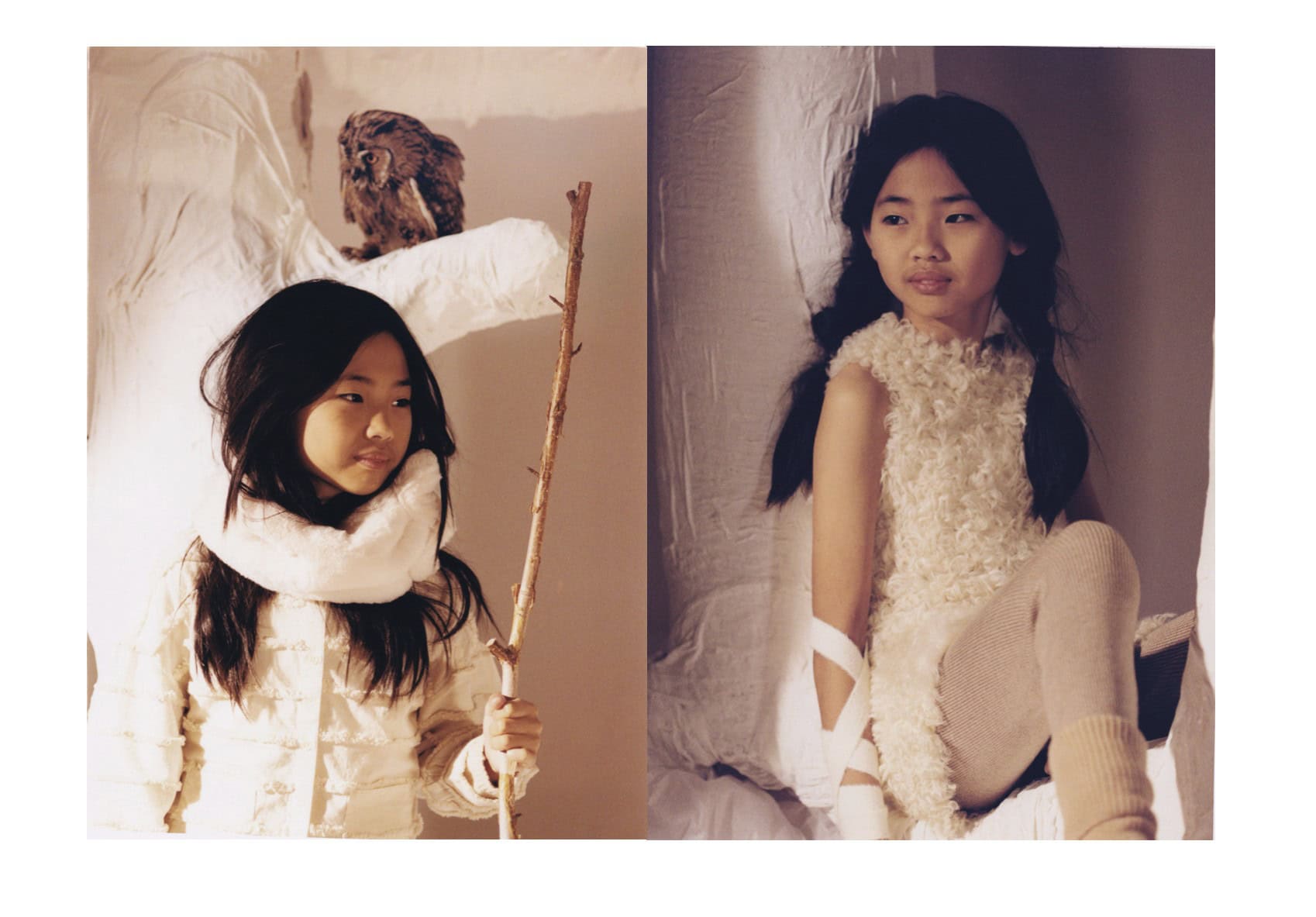 Girl holding a wooden stick beneath sculptural white branches with an owl above her, next to an image of her seated in a textured cream outfit and knit leggings; editorial Wild Within for Scimparello Magazine, FW25. Photo by Emma Wright, styling by Holly Moluluo.