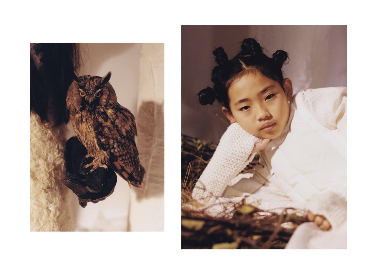 Owl perched on a gloved hand beside a girl lying in a nest, wearing soft winter layers and textured knit sleeves; editorial Wild Within for Scimparello Magazine, FW25. Photo by Emma Wright, styling by Holly Moluluo.