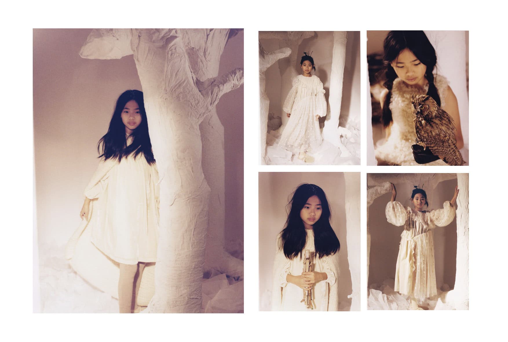 Collage of five images: a girl in soft cream dresses moving through sculptural white tree forms, holding a bundle of sticks, and posing beside an owl; editorial Wild Within for Scimparello Magazine, FW25. Photo by Emma Wright, styling by Holly Moluluo.