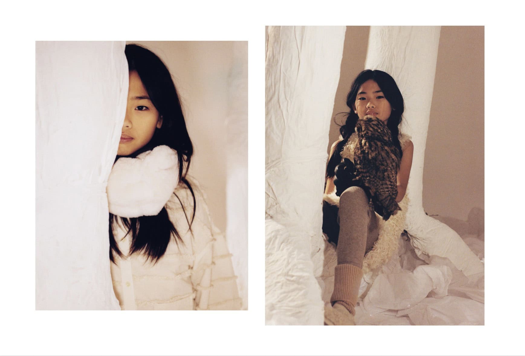 Girl in soft winter layers partly hidden behind a sculptural white tree beside a second image of her seated with an owl on her arm; editorial Wild Within for Scimparello Magazine, FW25. Photo by Emma Wright, styling by Holly Moluluo.