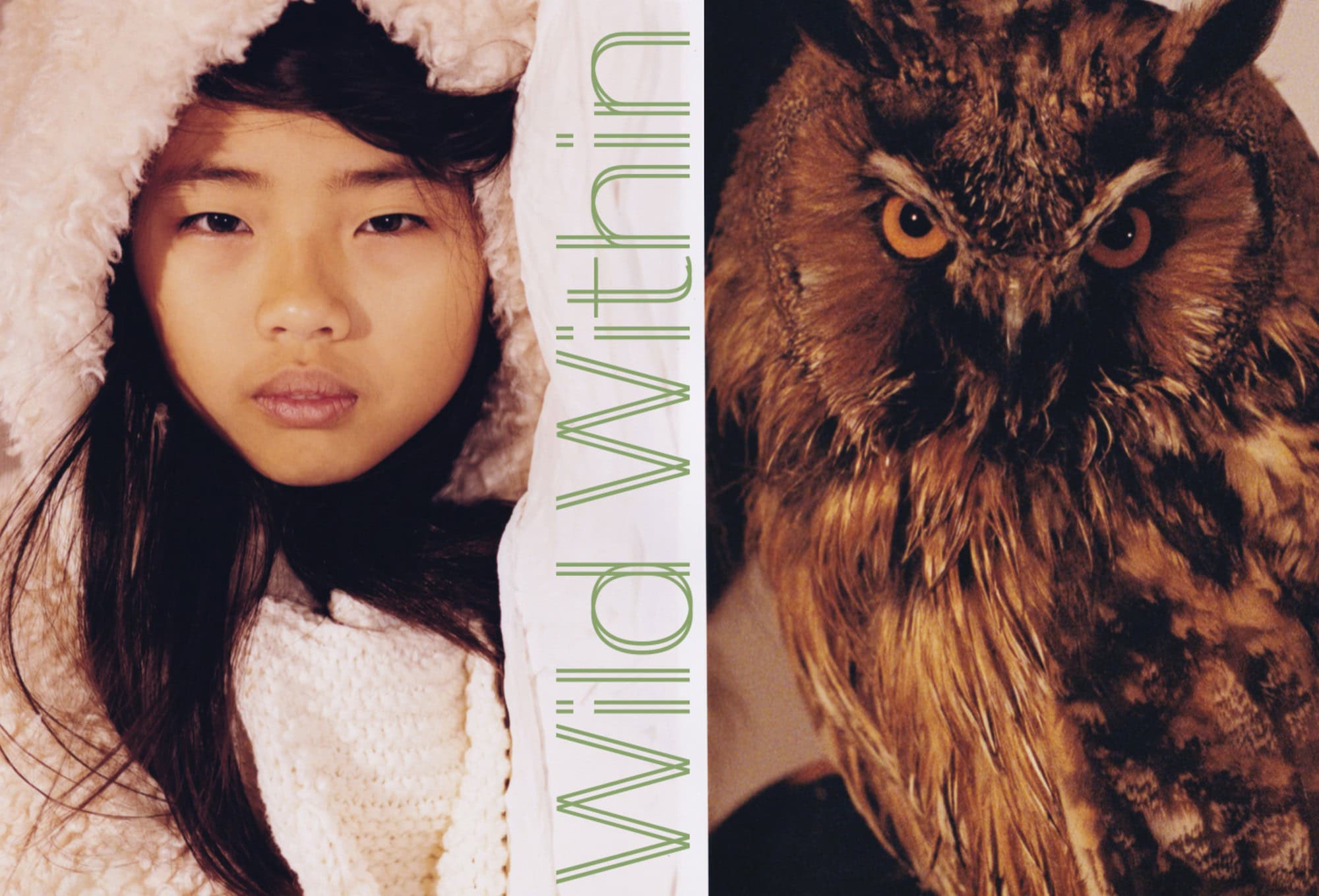 Child in a soft white hooded coat and chunky knitwear beside a close-up of a brown owl with bright amber eyes; editorial Wild Within for Scimparello Magazine. Photo by Emma Wright, styling by Holly Moluluo.