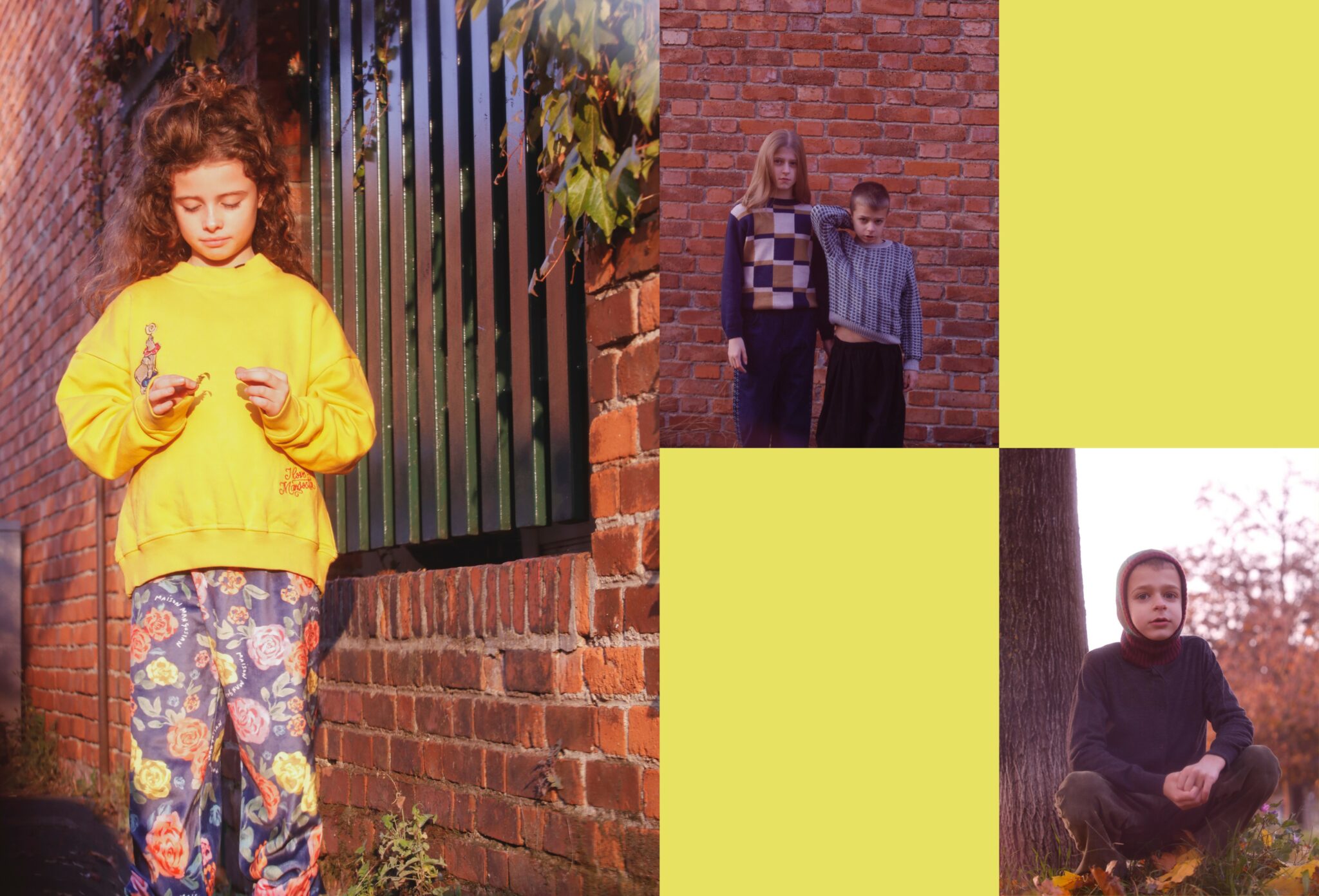 Kids fashion editorial NEIGHBORS for Scimparello Magazine featuring a series of portraits of children standing and sitting along brick walls in warm winter light. Colorful knitwear, patterned trousers, and quiet urban surroundings capture everyday childhood moments, individuality, and connection. Photo by Annarella Caruso.