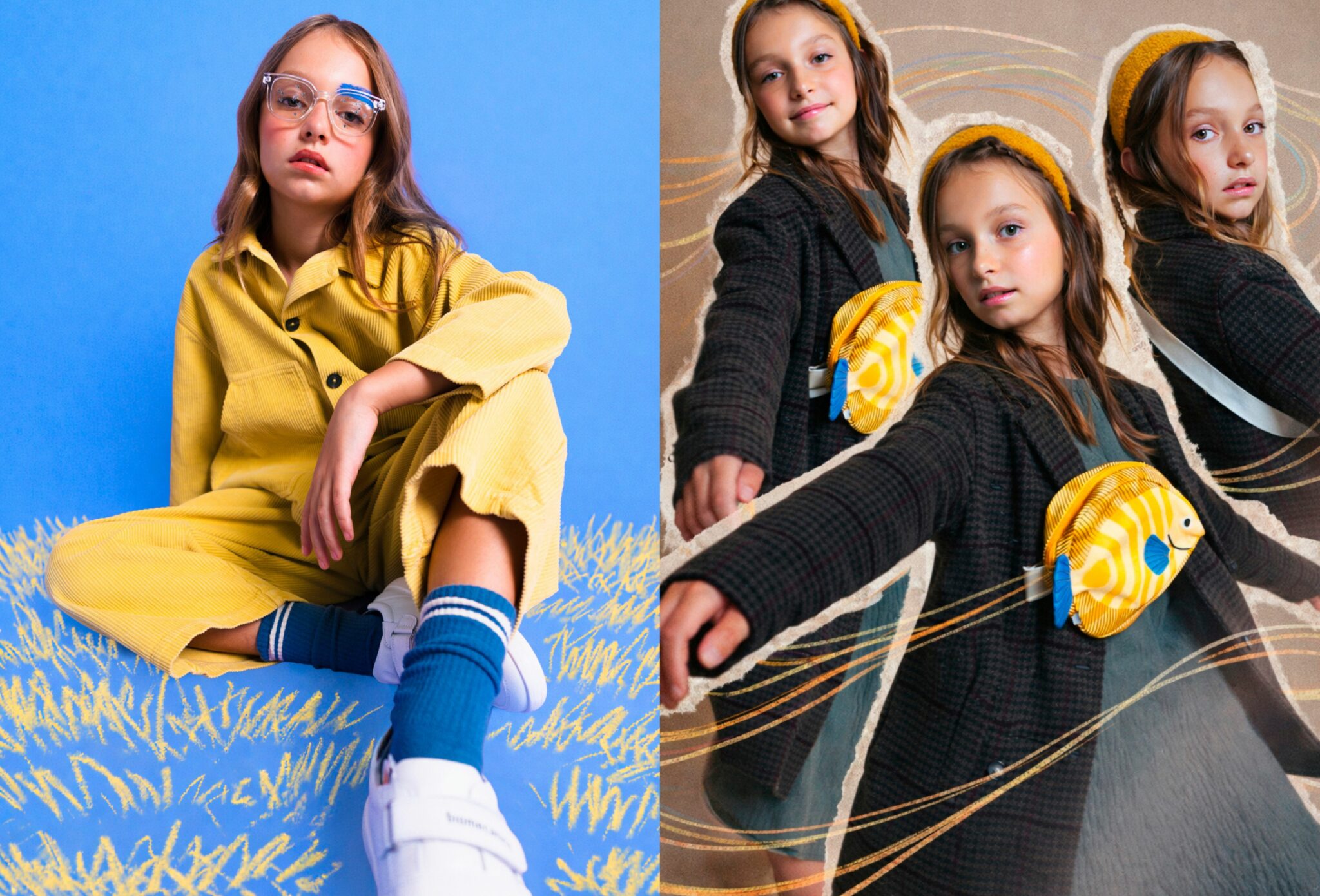 Kids fashion editorial True Colors for Scimparello Magazine featuring a young girl wearing a mustard yellow corduroy outfit with blue socks and glasses, and a second look with a dark textured coat, green dress, and yellow fish-shaped waist bag. Playful styling, illustrated details, and expressive childhood portraits. Photo by Camomile.