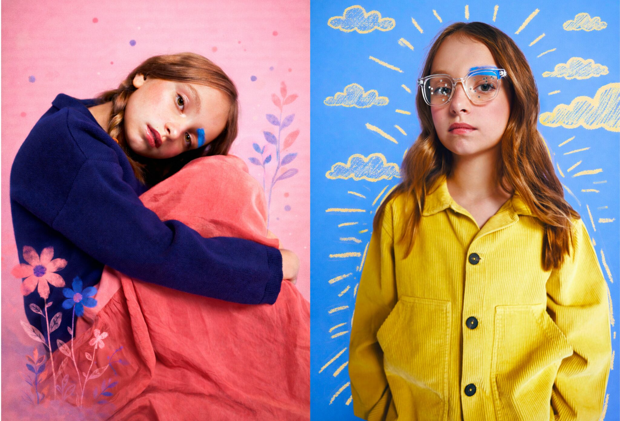 Kids fashion editorial True Colors for Scimparello Magazine featuring a young girl in a deep blue knit top embracing a coral pink skirt, styled against an illustrated pastel background, paired with a second portrait wearing a mustard yellow corduroy jacket and glasses on a blue backdrop with hand-drawn clouds. Expressive color storytelling and creative kids fashion. Photo by Camomile.