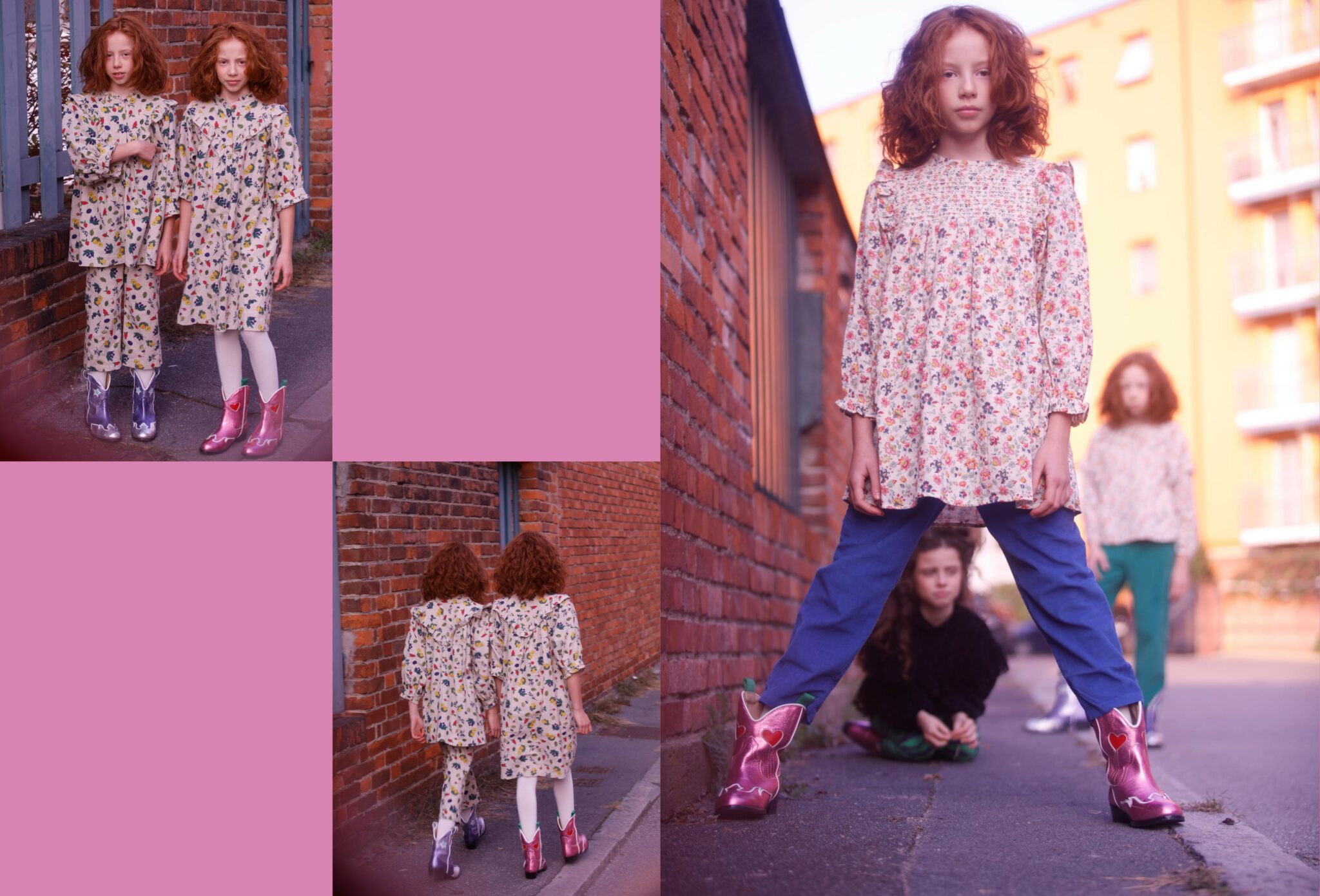 Kids fashion editorial NEIGHBORS for Scimparello Magazine featuring red-haired children wearing floral dresses, blue trousers, and metallic cowboy boots, walking and standing along a brick-lined street. A playful group scene capturing movement, individuality, and everyday childhood style. Photo by Annarella Caruso.