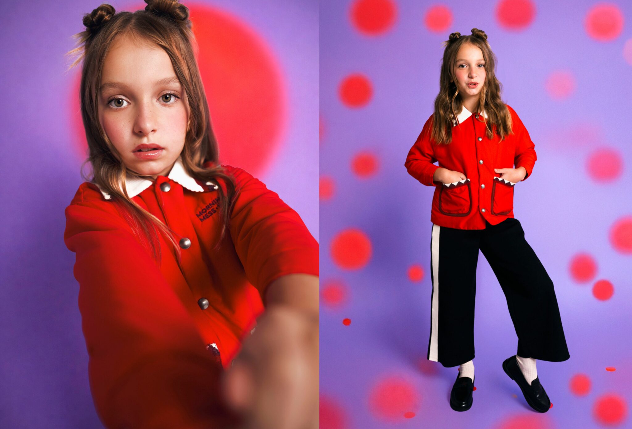 Kids fashion editorial True Colors for Scimparello Magazine featuring a young girl wearing a bright red jacket with white collar and black wide-leg trousers, styled against a purple background with red graphic dots. Bold color contrasts and expressive kids fashion styling. Photo by Camomile.