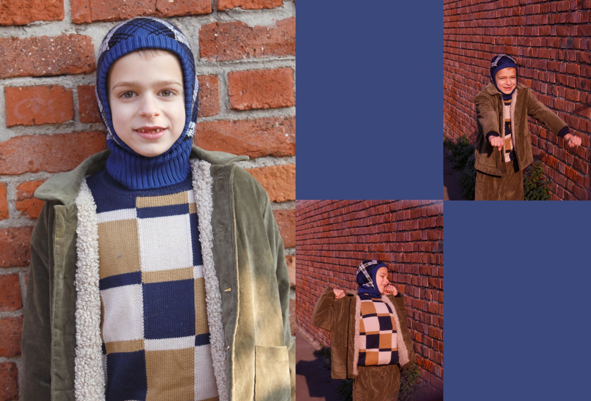 Kids fashion editorial NEIGHBORS for Scimparello Magazine featuring a young boy wearing a patterned knitted balaclava, patchwork knit sweater, and shearling-lined jacket, photographed against a red brick wall. A series of portraits capturing playfulness, movement, and everyday winter style. Photo by Annarella Caruso.