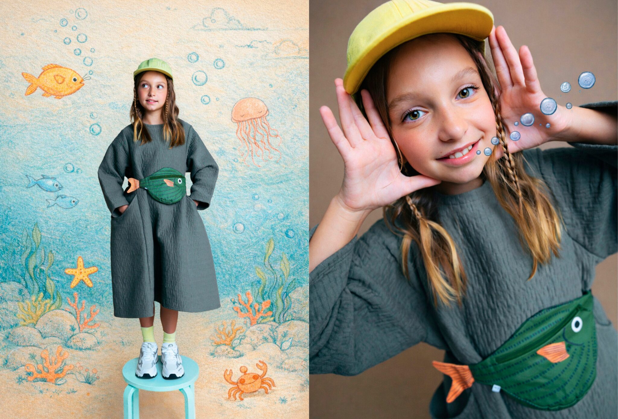 Kids fashion editorial True Colors for Scimparello Magazine featuring a young girl wearing a textured green dress with a fish-shaped waist bag and yellow cap, styled against an illustrated underwater backdrop, paired with a playful close-up portrait with hand-drawn bubbles. Imaginative kids fashion storytelling. Photo by Camomile.