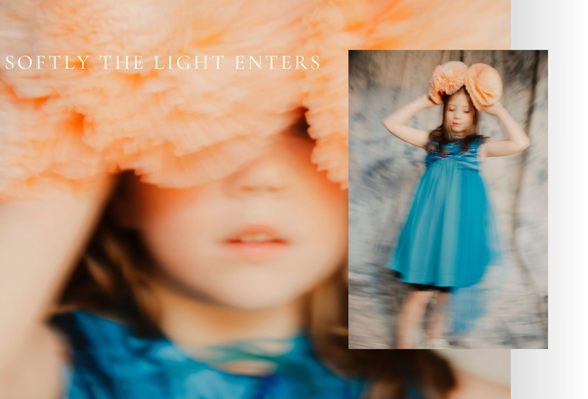 Soft-focus double spread from the kids fashion editorial Softly the Light Enters featuring a young girl in a flowing turquoise dress holding oversized peach tulle headpieces above her head, photographed by Hannah Lipowsky for Scimparello Magazine.