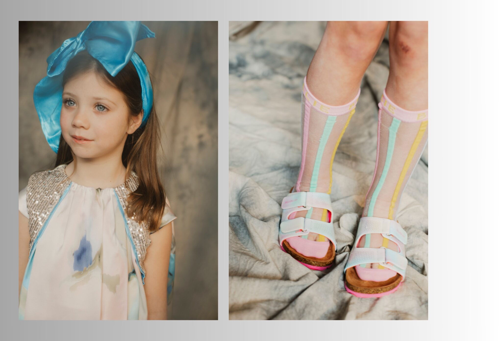 Kids fashion editorial double spread from Softly the Light Enters showing a young girl with a large turquoise bow headband and delicate dress with shimmering details, paired with a close-up of pastel striped socks and white sandals, photographed by Hannah Lipowsky for Scimparello Magazine.