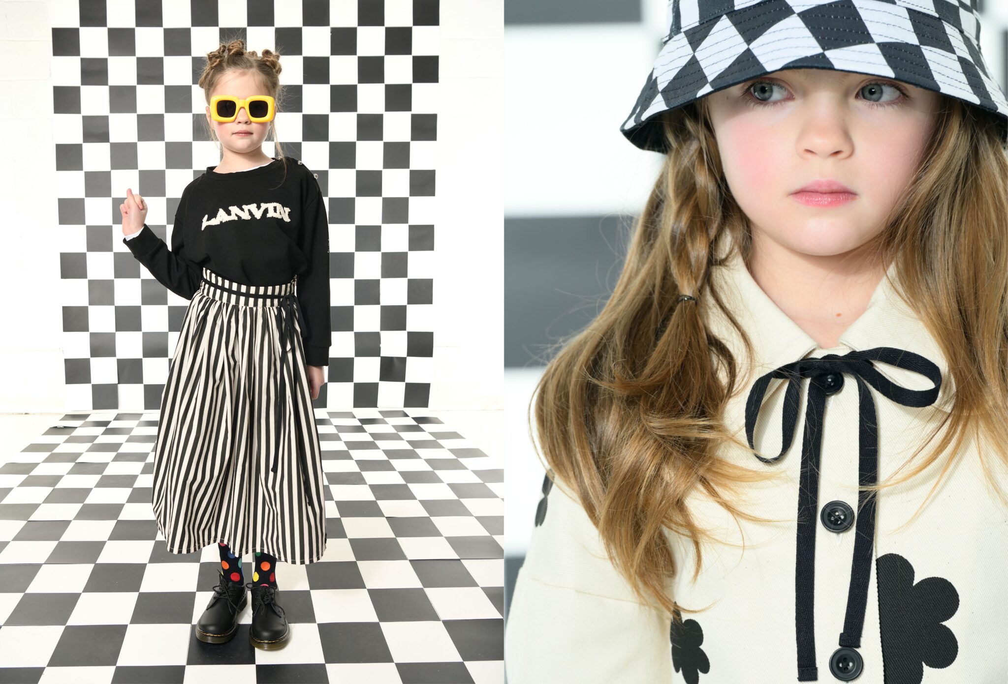 Girl wearing a black Lanvin sweatshirt with logo, black-and-white striped midi skirt, colorful polka dot tights and black shoes, styled with bold yellow sunglasses, standing in a checkerboard set alongside a close-up portrait of another girl in a cream outfit with black bow detail and checkered bucket hat, kids fashion editorial SS26 Opposites Attract by David Butterman for Scimparello Magazine