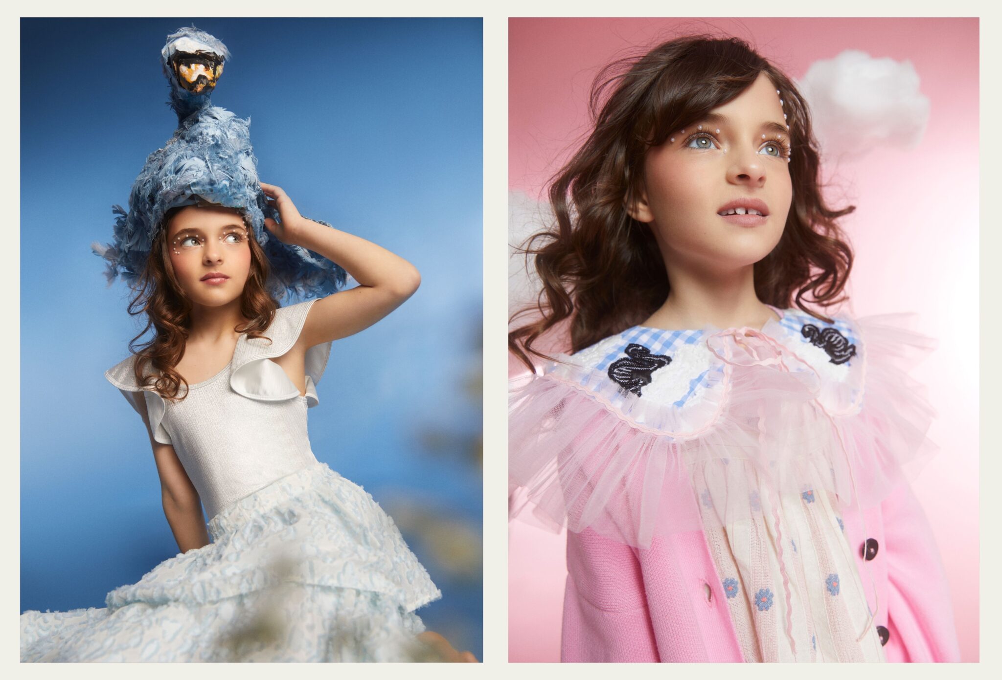 Girl wearing a sculptural blue bird headpiece and white textured dress against a soft blue sky background, and girl in pink cardigan with tulle collar and delicate embellishments against a pastel pink backdrop, dreamy kids fashion editorial, photographed by Chloe Snowdon-Smith, Scimparello Magazine