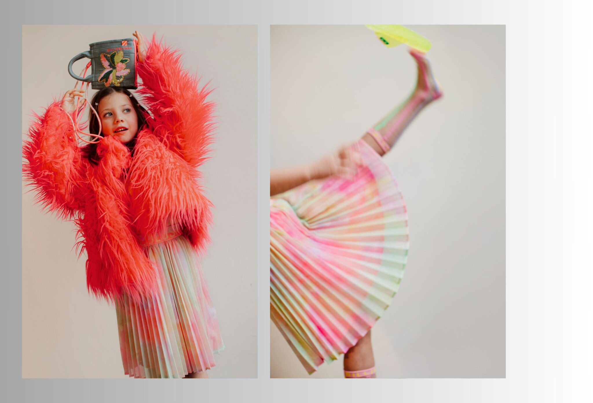 Double spread from the kids fashion editorial Softly the Light Enters showing a girl wearing a vibrant red feather coat and pleated pastel skirt balancing a decorative mug on her head, paired with a playful close-up of her raised leg in striped socks, photographed by Hannah Lipowsky for Scimparello Magazine.
