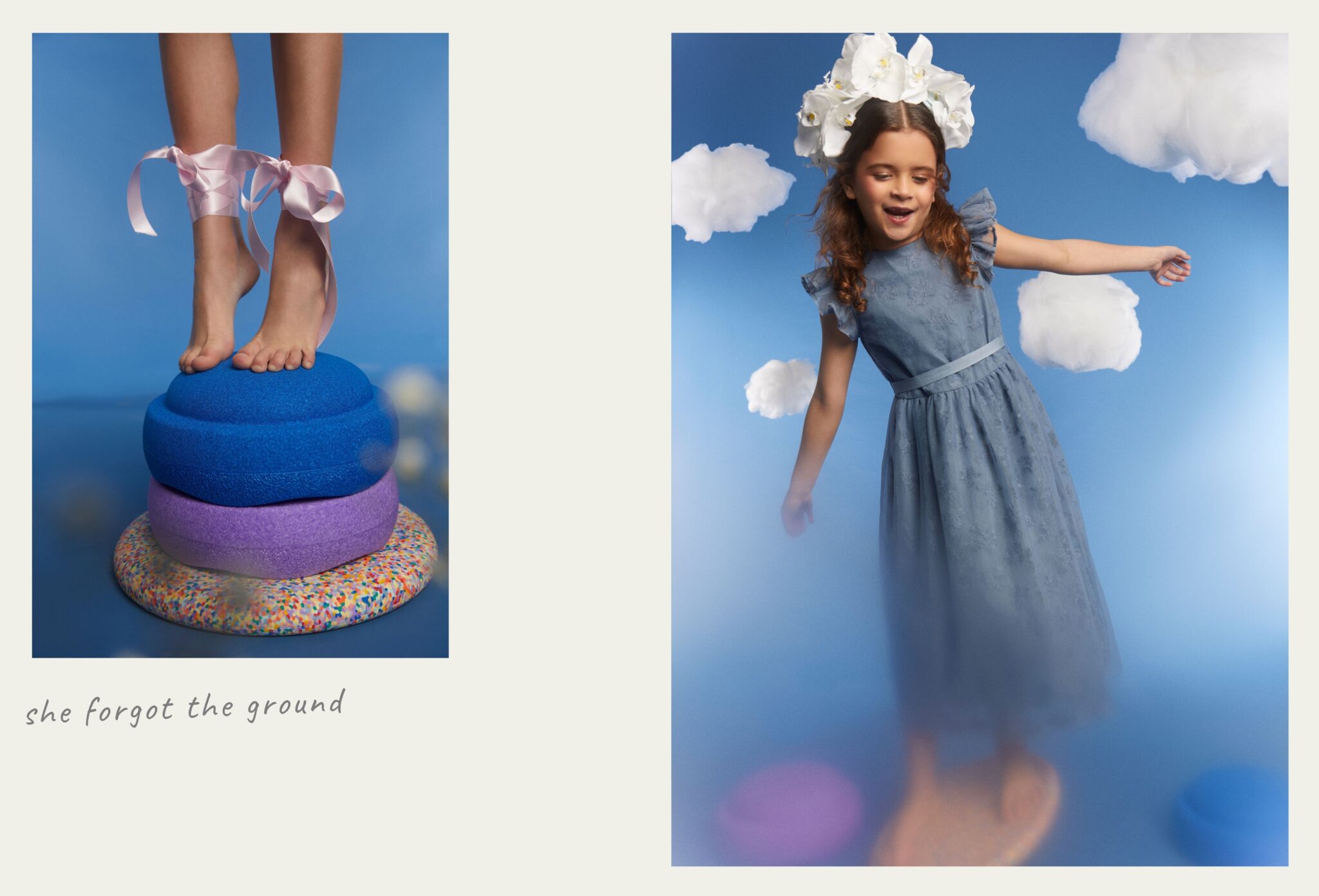Close-up of child’s bare feet tied with pink satin ribbons balancing on colorful stacked platforms, and girl in soft blue dress with oversized white floral headpiece floating among cloud props against a blue backdrop, dreamy kids fashion editorial, photographed by Chloe Snowdon-Smith, Scimparello Magazine