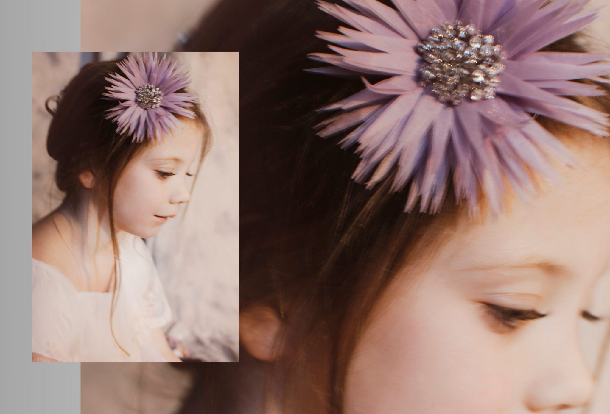 Double spread from the kids fashion editorial Softly the Light Enters featuring a soft portrait of a young girl wearing a lavender flower hair accessory with sparkling center, paired with a close-up detail of the same floral headpiece, photographed by Hannah Lipowsky for Scimparello Magazine.