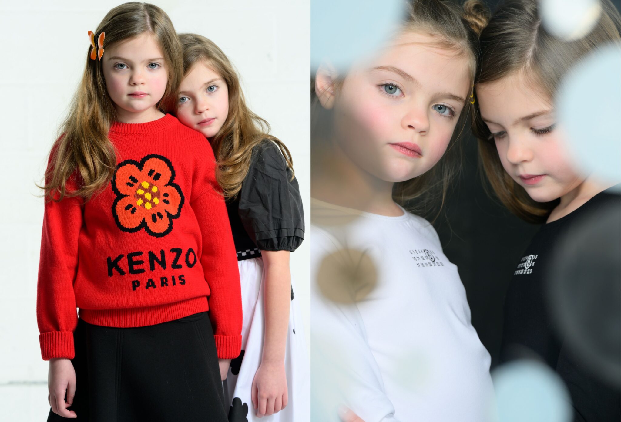 Two girls posing closely together, one wearing a red Kenzo Paris sweater with flower motif and black skirt, the other in a black-and-white outfit, alongside a soft-focus close-up portrait of the girls in minimal black and white looks, kids fashion editorial SS26 Opposites Attract by David Butterman for Scimparello Magazine