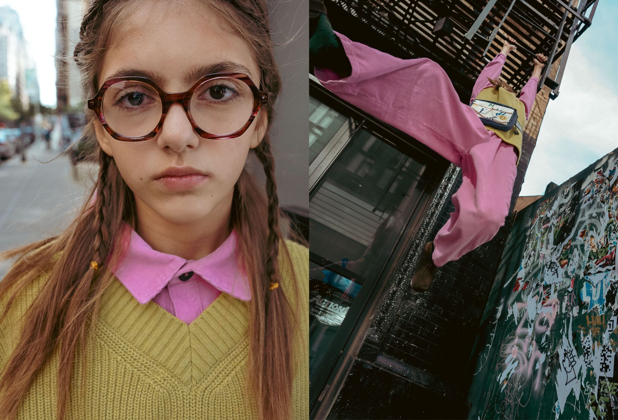 Kids fashion editorial The City Above Us for Scimparello Magazine. Girl with round glasses wearing a pink shirt and olive knit sweater in a New York street portrait, paired with a dynamic shot of the same girl climbing a fire escape in pink trousers and a yellow sweater against a graffiti-covered city wall. Photo by Ilaria and Silvia Cianciaruso.