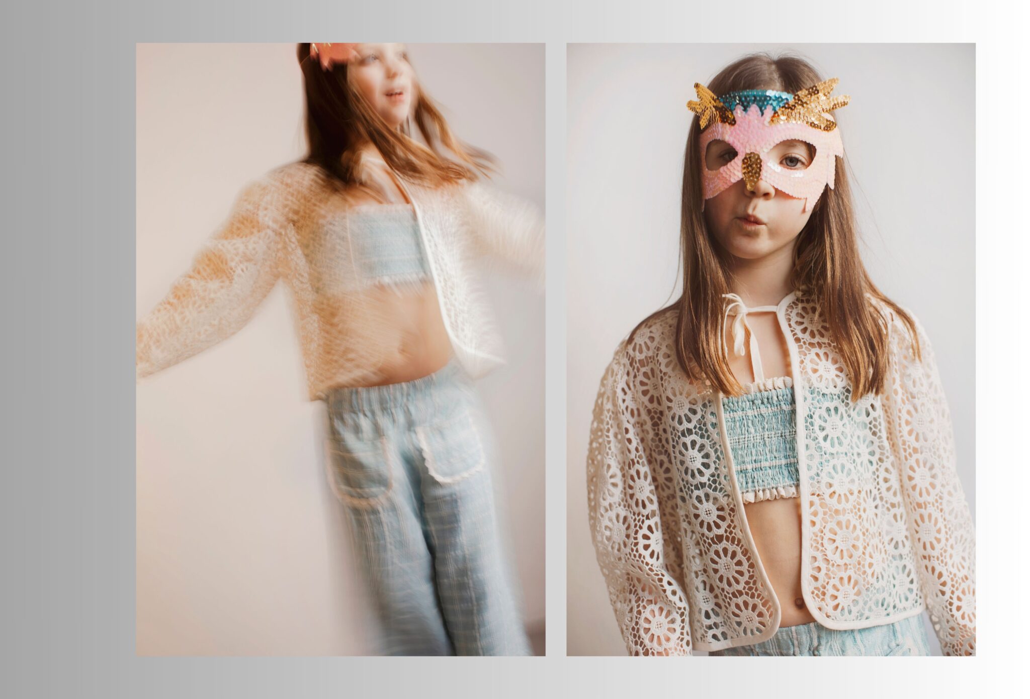 Double spread from the kids fashion editorial Softly the Light Enters showing a young girl in a lace cardigan, cropped top and light denim trousers captured in motion, paired with a portrait of the girl wearing a colorful butterfly mask, photographed by Hannah Lipowsky for Scimparello Magazine.