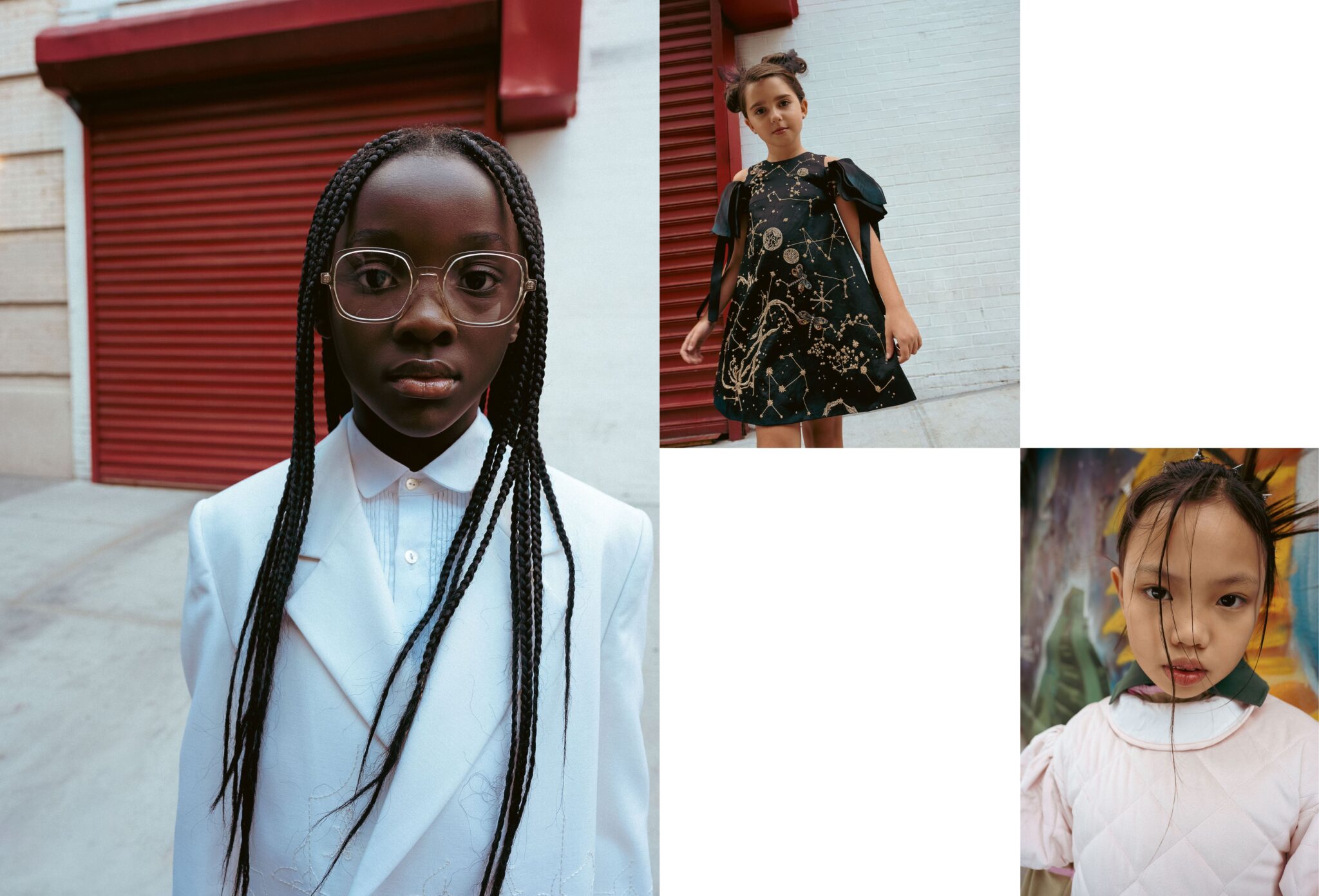 Kids fashion editorial The City Above Us for Scimparello Magazine. Series of portraits of three girls in New York city streets: a girl with long braids and glasses wearing a white suit, a girl in a black dress with gold constellation embroidery standing in front of a red shutter, and a close-up portrait of a girl in a pale pink top against a colorful graffiti wall. Photo by Ilaria and Silvia Cianciaruso.