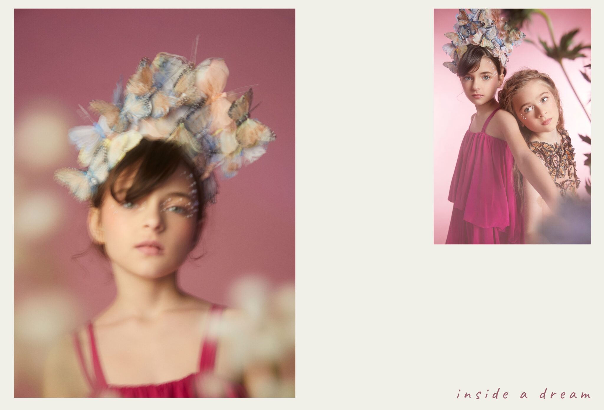 Soft-focus portrait of girl wearing a delicate butterfly headpiece in pastel tones against a pink backdrop, and two girls posing together in flowing dresses with embellished details, dreamy kids fashion editorial mood, photographed by Chloe Snowdon-Smith, Scimparello Magazine