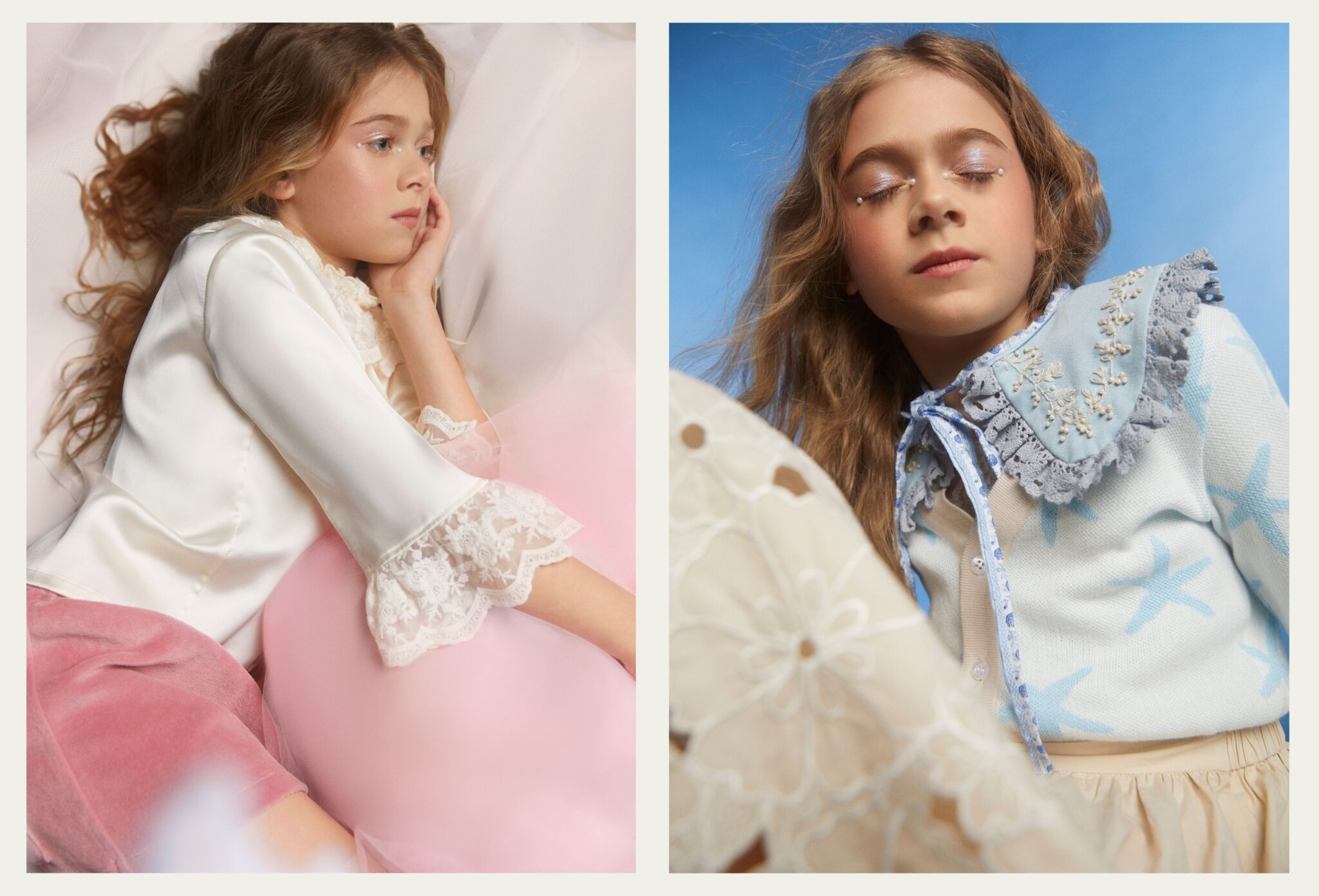Girl resting on a soft pink cushion wearing a satin blouse with lace cuffs and velvet trousers in pastel tones, and girl in light blue cardigan with embroidered details and statement collar against a sky-blue background, serene and dreamy kids fashion editorial, photographed by Chloe Snowdon-Smith, Scimparello Magazine