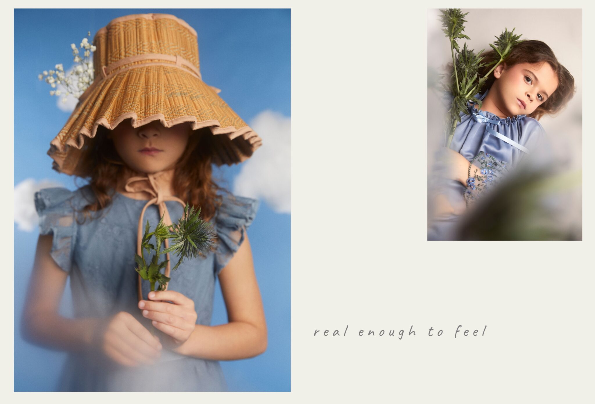 Girl wearing a wide-brim straw hat and soft blue dress holding a wild plant against a sky-blue backdrop with cloud details, and portrait of girl in satin blue dress with embroidered sleeves surrounded by natural elements, poetic and dreamy kids fashion editorial, photographed by Chloe Snowdon-Smith, Scimparello Magazine