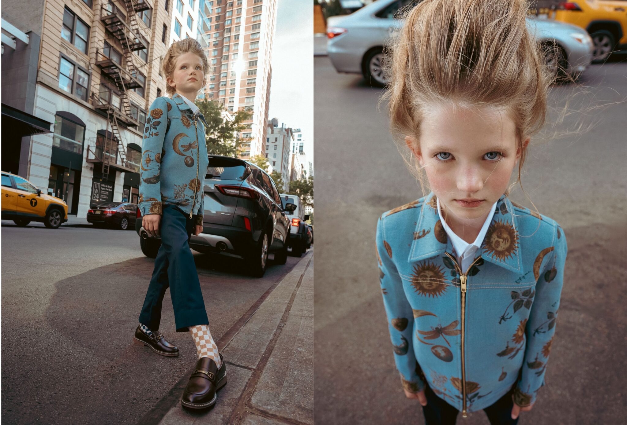 Kids fashion editorial The City Above Us for Scimparello Magazine. Girl walking on a New York street wearing a blue jacket with celestial sun and moon print, dark trousers, checkered socks and loafers, with city buildings and yellow taxis in the background; paired with a close-up portrait of the same girl looking up toward the camera on the street. Photo by Ilaria and Silvia Cianciaruso.