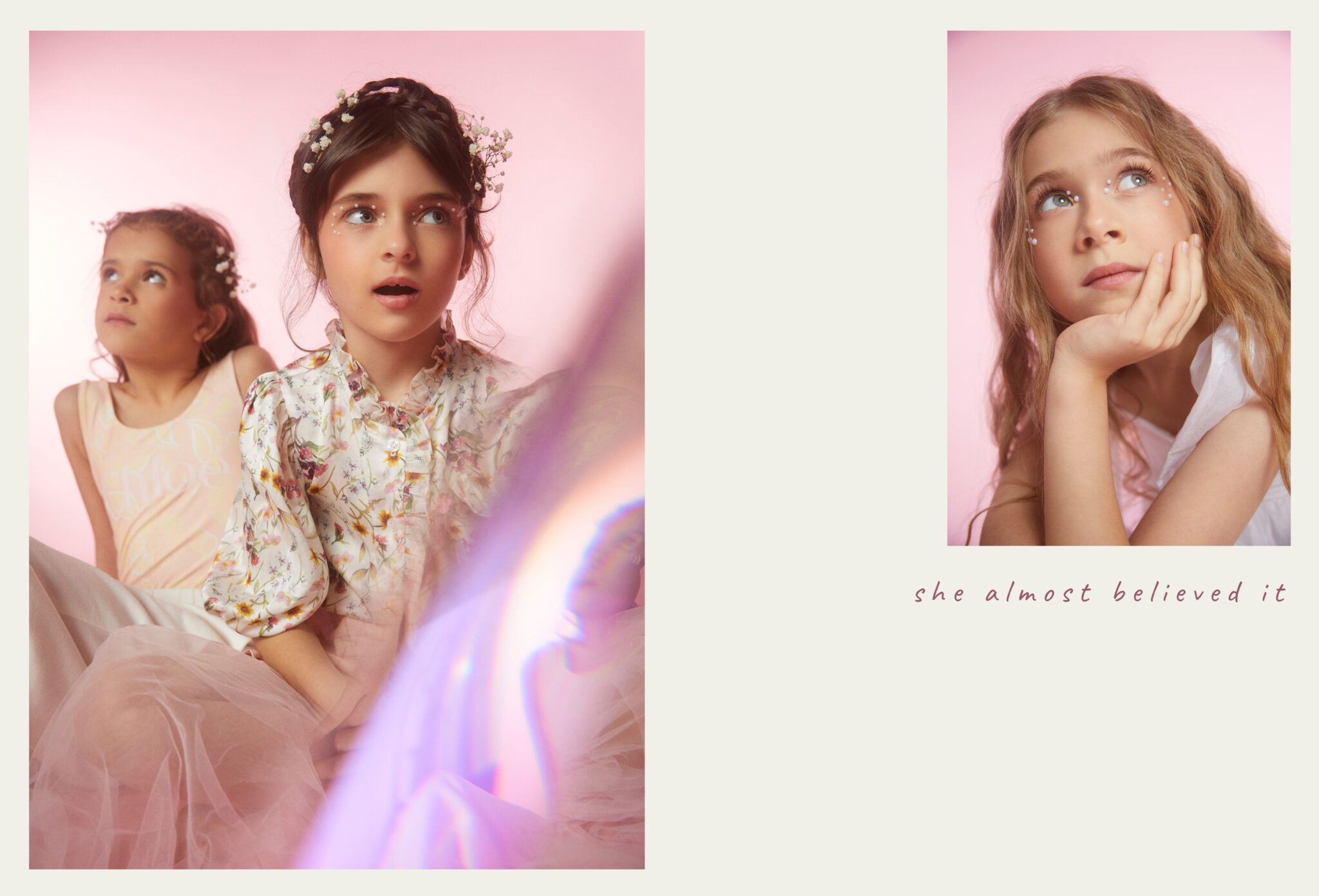 Two girls in soft floral and pastel dresses with delicate hair accessories and subtle face gems sitting against a pink backdrop, and close-up portrait of girl resting her face on her hand with dreamy gaze, light flares and ethereal mood, photographed by Chloe Snowdon-Smith, Scimparello Magazine