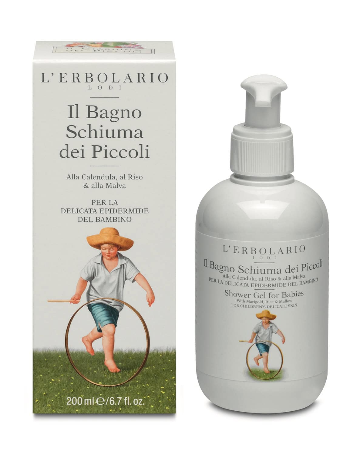 L’Erbolario baby shower gel with calendula, rice and mallow in pump bottle and box with vintage-style child illustration