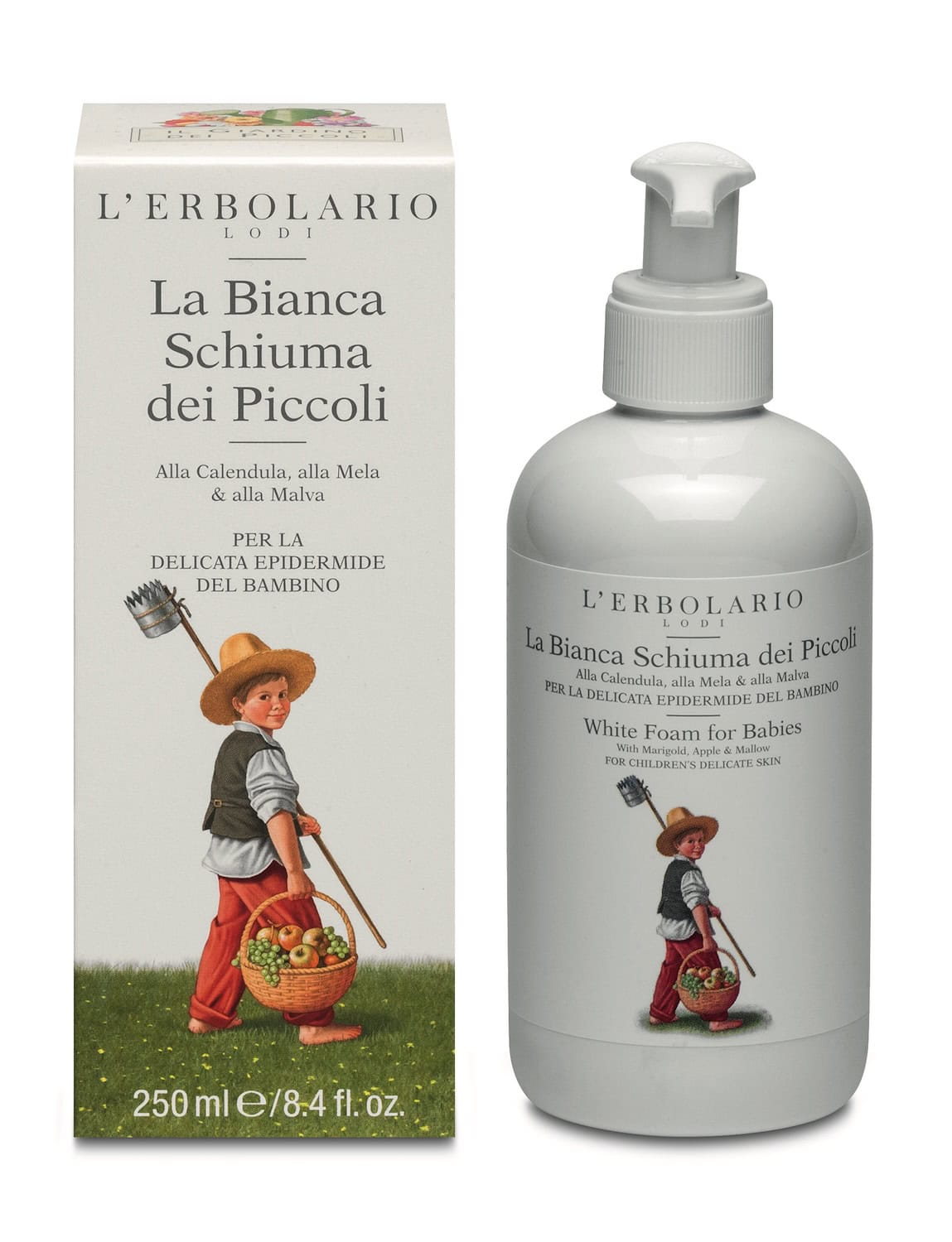 L’Erbolario gentle baby foam cleanser for body and hair with calendula, apple and mallow, pump bottle and illustrated packaging