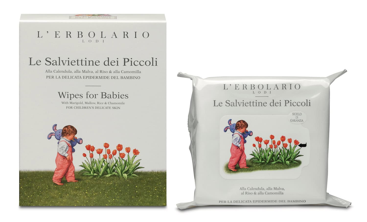 L’Erbolario baby wipes with calendula, mallow, rice and chamomile in soft pack and box with child and flowers illustration