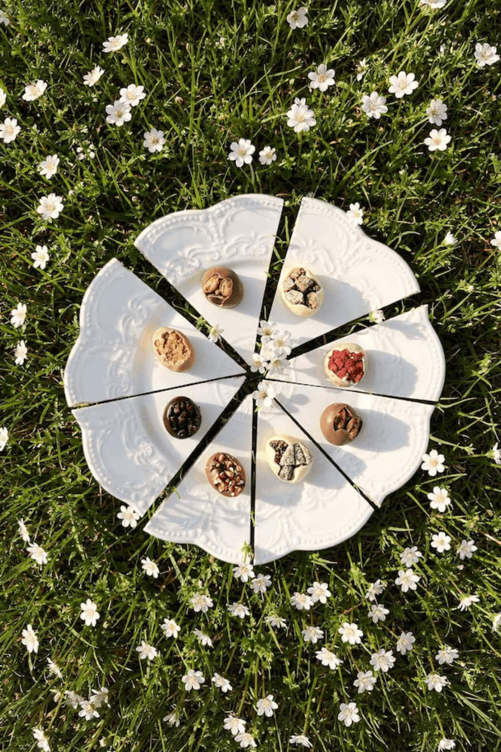 Gucci Osteria assorted mini chocolate eggs arranged on a white decorative plate set on green grass with small white flowers