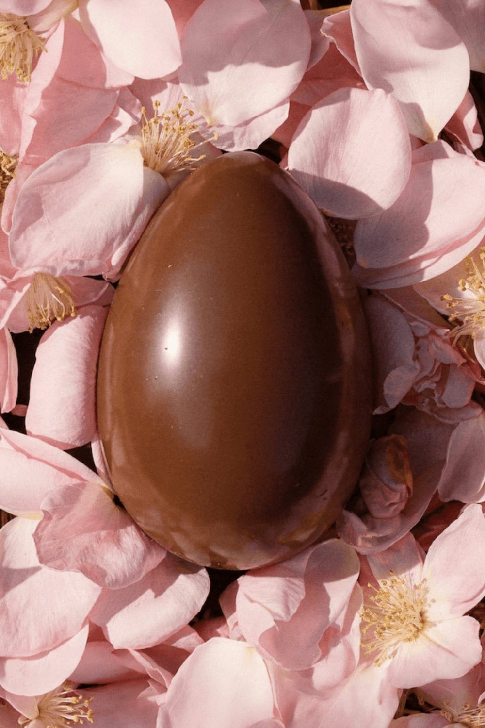 Gucci Osteria smooth chocolate Easter egg surrounded by soft pink flower petals in a spring-inspired setting