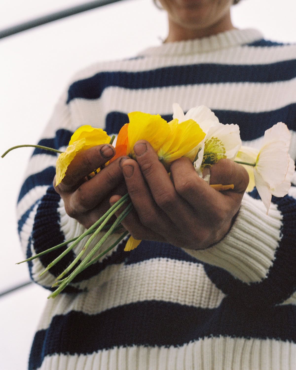 Close-up of hands holding freshly picked flowers against striped knit sweater, natural textures in The New Society SS26 menswear
