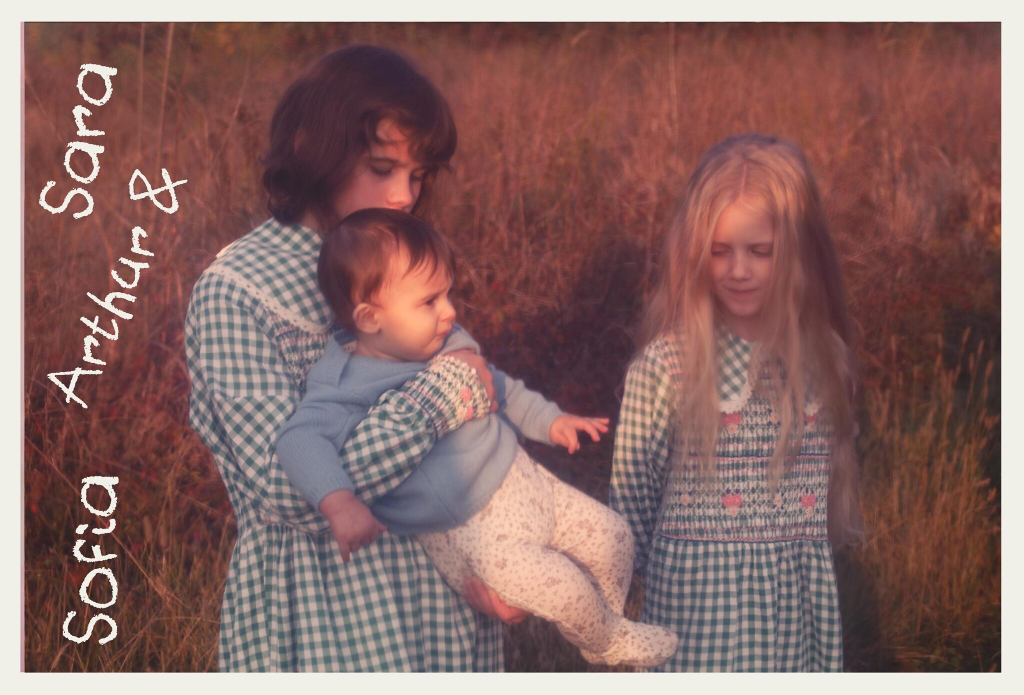 Three children in a dreamy golden field, softly lit at sunset, wearing matching green gingham dresses while one child holds a baby dressed in a pale blue knit and floral leggings, creating a nostalgic sibling moment. Photo by Annarella Caruso for Scimparello Magazine, kids fashion editorial Sofia, Arthur & Sara.