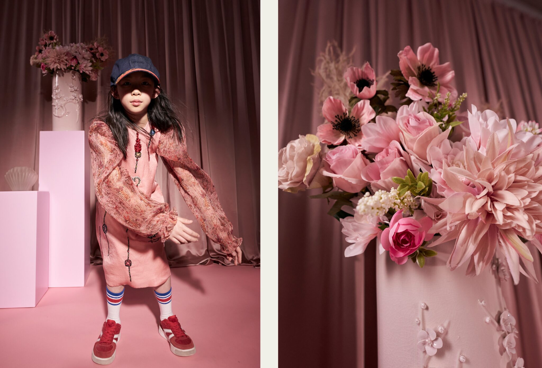 Double spread of a kids fashion editorial in a pink-toned studio; on the left, a child in a textured pink dress, cap, striped socks and red sneakers poses against sculptural blocks, on the right, a close-up of a soft pink floral arrangement in a decorative vase, echoing the set’s romantic mood. Photo by Miriam Lindthaler for Scimparello Magazine.