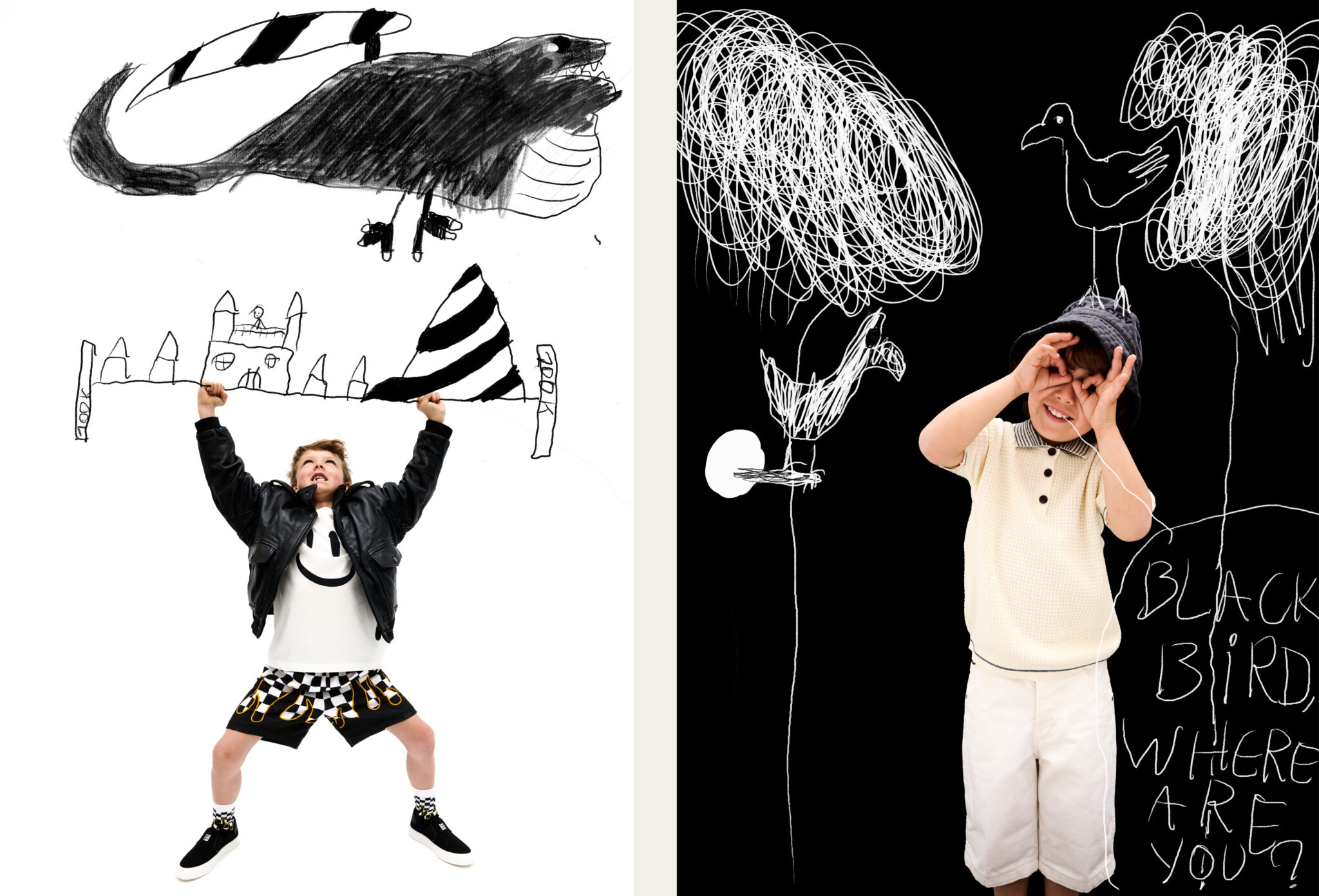 Boy in black jacket and graphic shorts lifting imaginary illustrated castle and creature above his head on white background, paired with boy in beige outfit making binocular gesture surrounded by hand-drawn birds on black background, kids fashion editorial DOODLYDOO by Sophie Rata for Scimparello Magazine