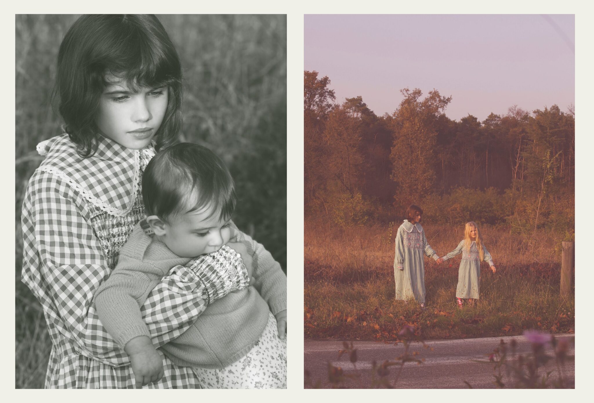 Diptych image of children in a nostalgic outdoor setting; on the left, a black-and-white close-up of an older child in a green gingham dress holding a baby in a knit sweater, on the right, two children in matching gingham dresses walk hand in hand through a golden field near a quiet road at sunset. Photo by Annarella Caruso for Scimparello Magazine, kids fashion editorial Sofia, Arthur & Sara.
