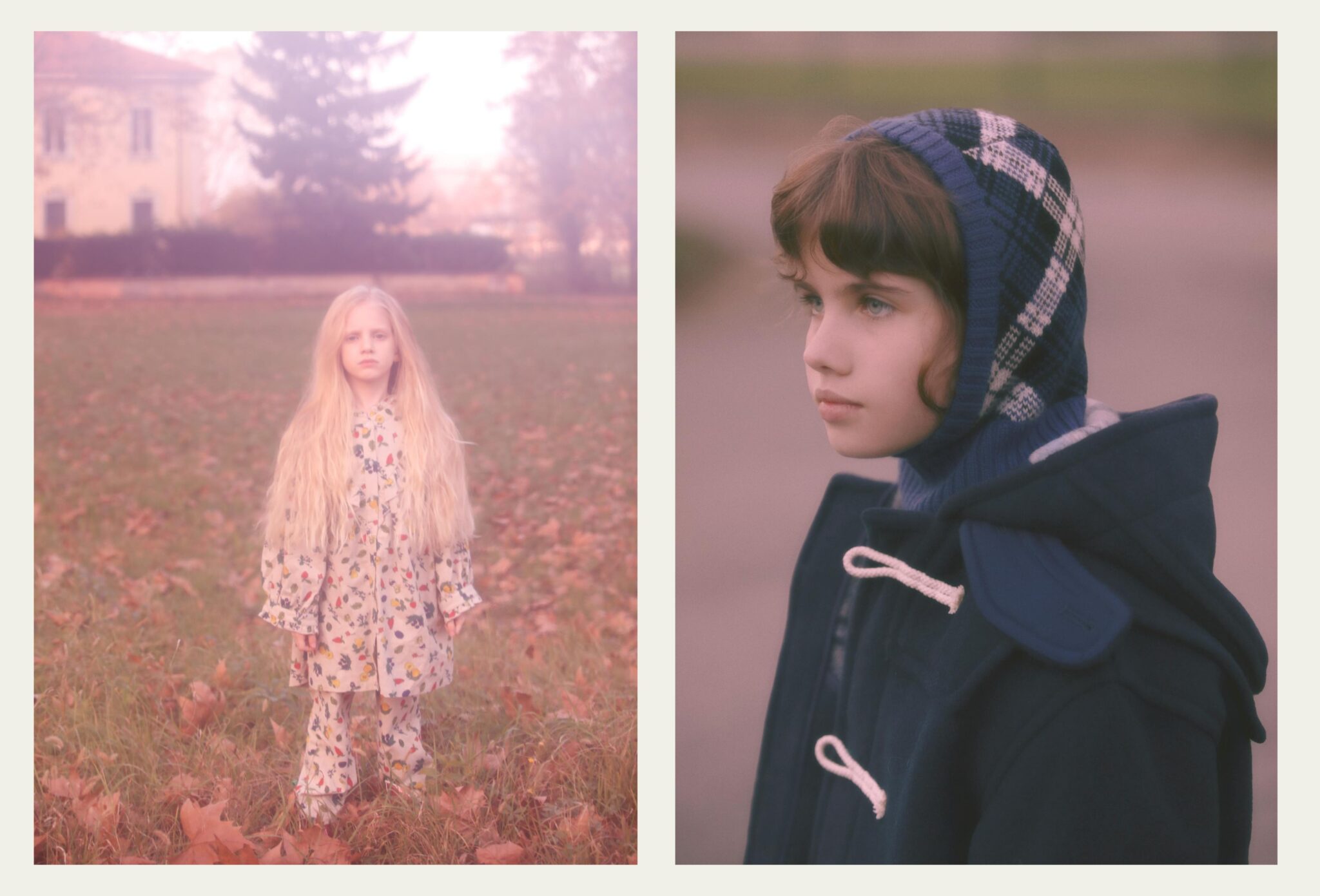 Alt text: Double spread of a kids fashion editorial set in a soft, hazy autumn landscape; on the left, a young girl with long blonde hair stands in a field of fallen leaves wearing a floral matching set, on the right, a child in a navy coat with a knit hood is shown in quiet side profile, both images connected by a dreamy, nostalgic mood. Photo by Annarella Caruso for Scimparello Magazine, kids fashion editorial Sofia, Arthur & Sara.