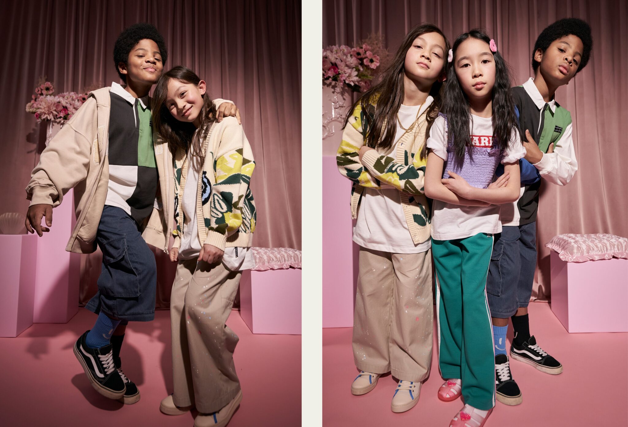 Double spread of a kids fashion editorial in a pink studio set; three children pose together in relaxed, playful group portraits, wearing layered outfits with graphic knits, wide trousers and sporty details, styled against soft drapery and pastel props. Photo by Miriam Lindthaler for Scimparello Magazine kids fashion editorial PROM.