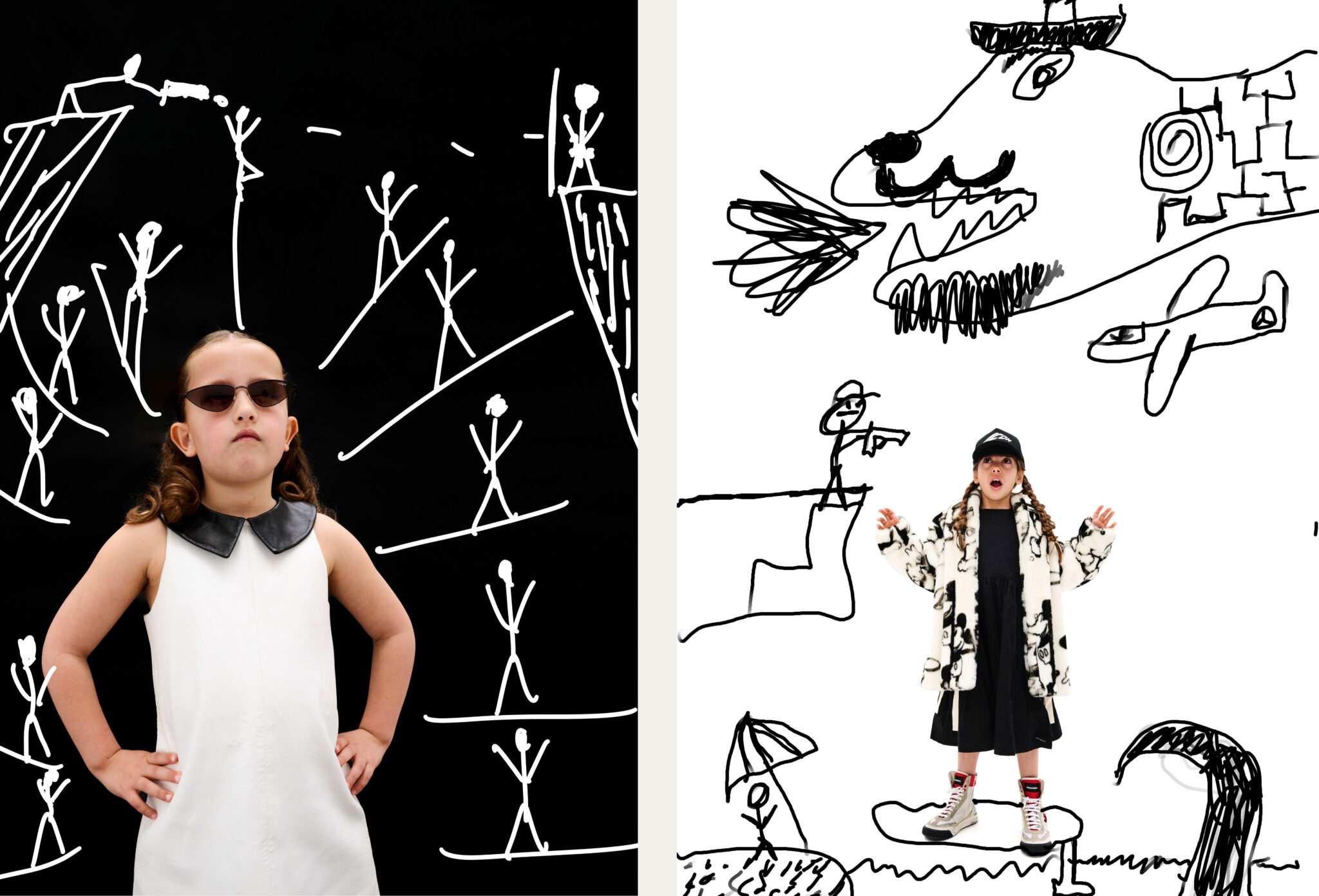 Girl in sleeveless white dress with black collar and sunglasses posing against black background with stick figure drawings, paired with girl in patterned coat and cap reacting to playful hand-drawn monster and airplane scene on white background, kids fashion editorial DOODLYDOO by Sophie Rata for Scimparello Magazine