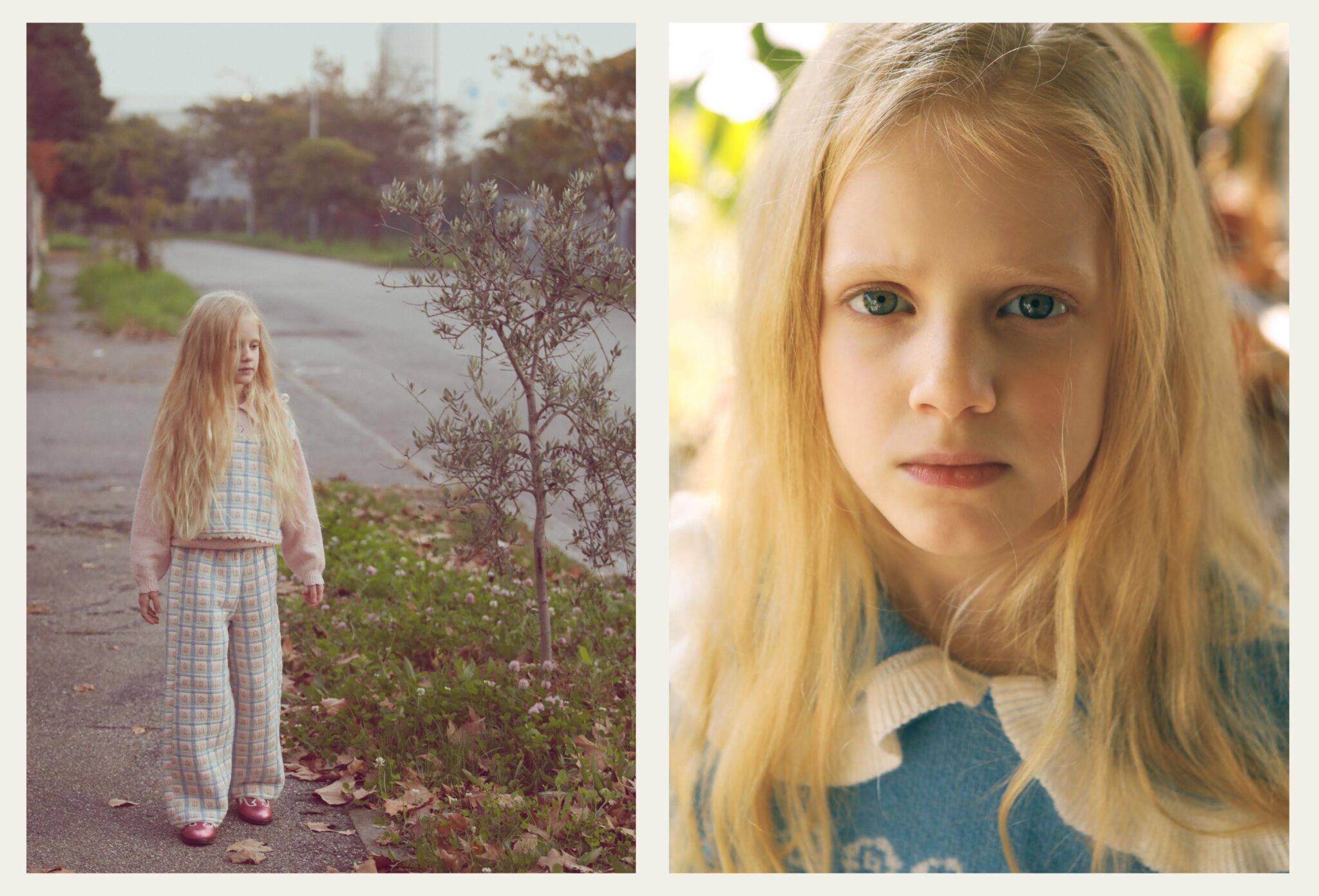 Alt text: Double spread of a kids fashion editorial in a soft autumn setting; on the left, a young girl with long blonde hair walks along a quiet roadside wearing a pastel check outfit with a knit vest and pink shoes, on the right, a close-up portrait reveals her calm expression and blue eyes framed by a blue knit top with a ruffled collar. Photo by Annarella Caruso for Scimparello Magazine, kids fashion editorial Sofia, Arthur & Sara.