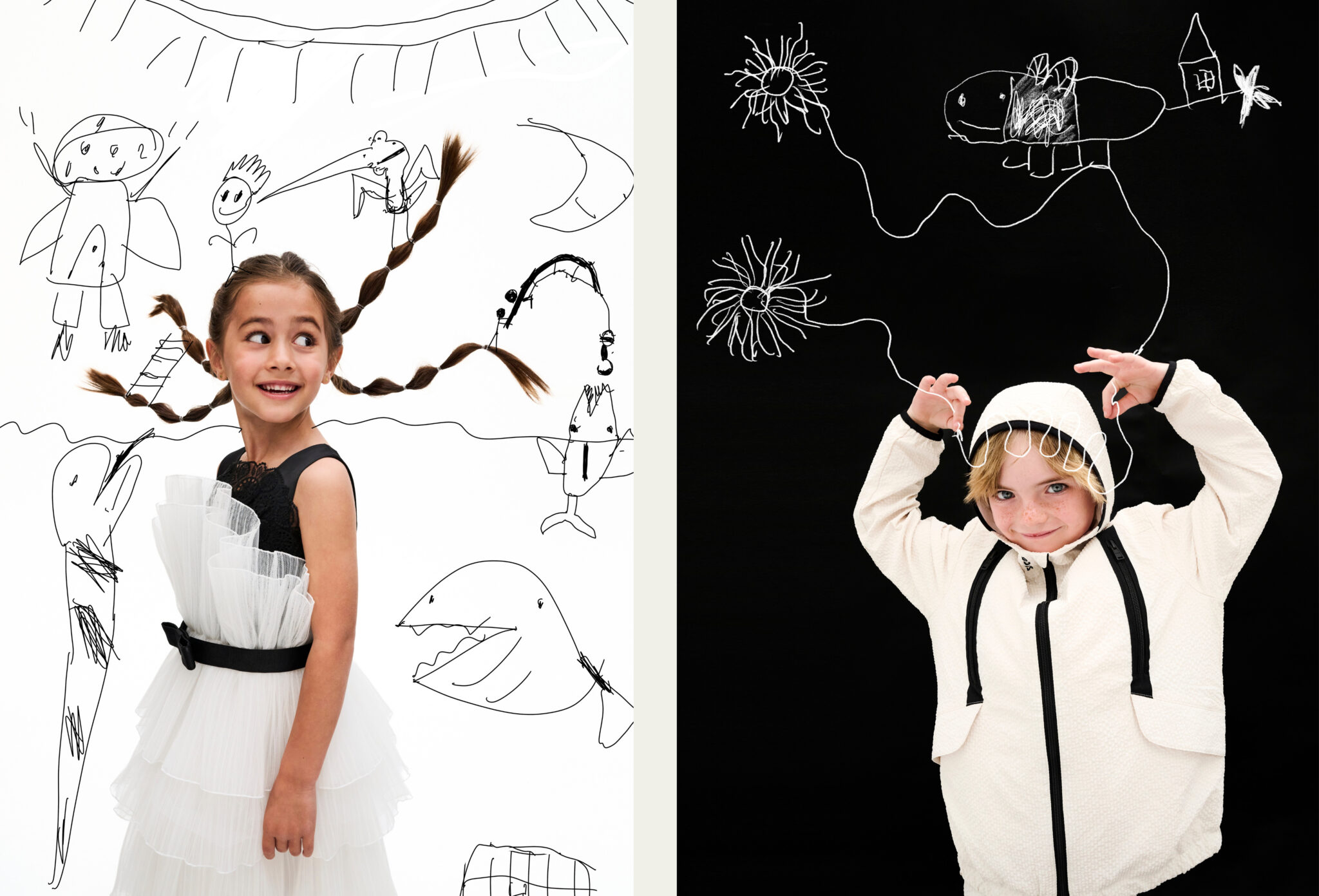 Girl in white tulle dress with black bow posing against white background with playful childlike drawings, paired with boy in cream outfit with hood making expressive gesture under hand-drawn flying creature on black background, kids fashion editorial DOODLYDOO by Sophie Rata for Scimparello Magazine