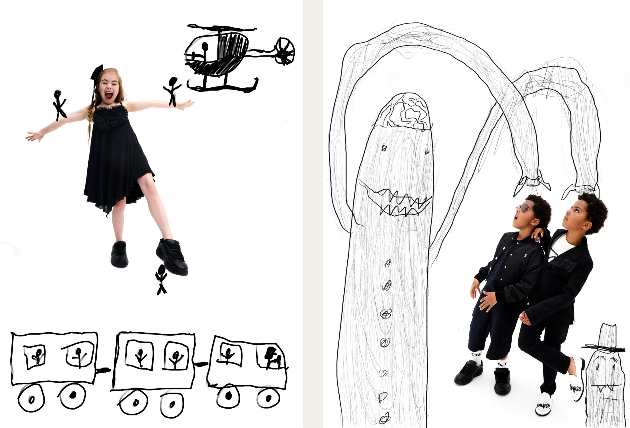 Girl in black dress posing with arms open next to hand-drawn helicopter and train scene on white background, paired with two boys in dark outfits reacting to large playful monster drawing with long arms, kids fashion editorial DOODLYDOO by Sophie Rata for Scimparello Magazine