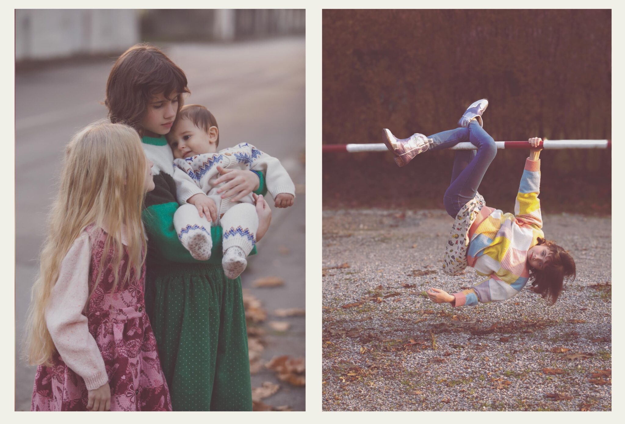 Double spread of a kids fashion editorial capturing sibling moments and playful movement; on the left, two children stand close as one holds a baby dressed in a patterned knit set, on the right, a child in a colorful sweater hangs upside down from a bar, suspended mid-play in a soft autumn setting. Photo by Annarella Caruso for Scimparello Magazine, kids fashion editorial Sofia, Arthur & Sara.