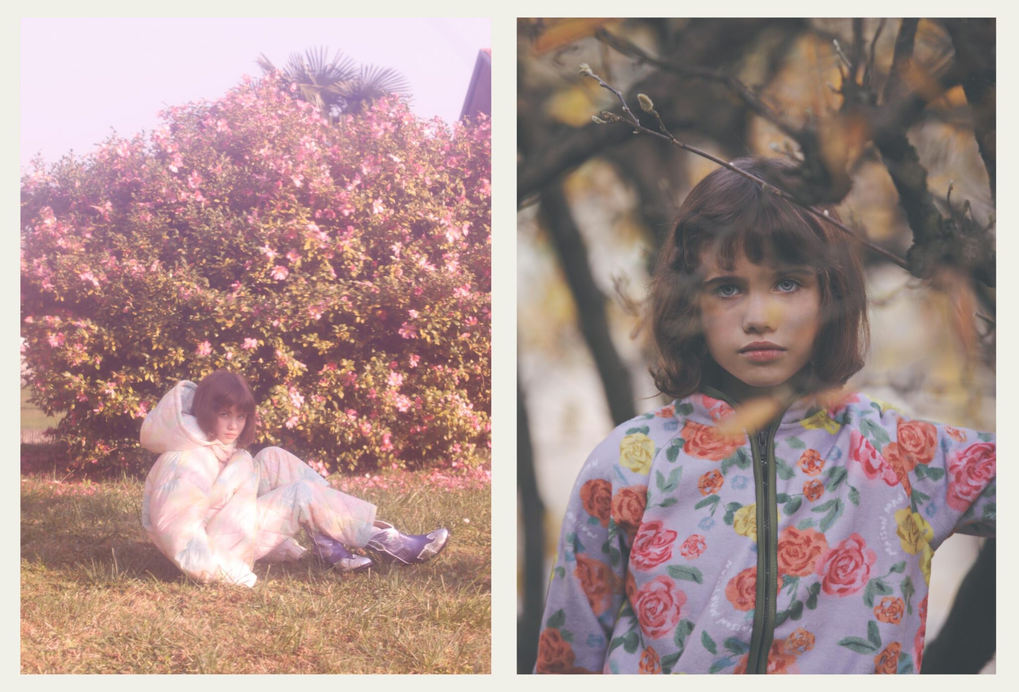 Double spread of a kids fashion editorial with a soft, dreamy atmosphere; on the left, a child sits on grass in front of a blooming pink bush wearing a pastel quilted outfit, on the right, a close-up portrait of a child in a floral jacket framed by branches and autumn leaves, creating a poetic, nature-inspired mood. Photo by Annarella Caruso for Scimparello Magazine, kids fashion editorial Sofia, Arthur & Sara.