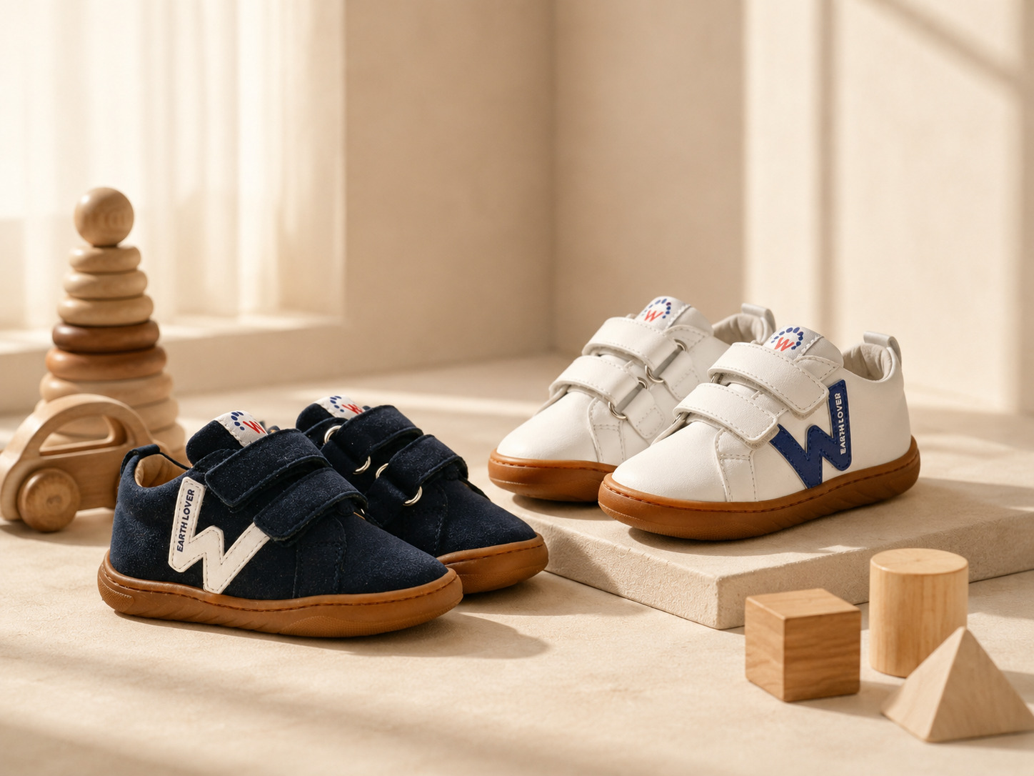 Navy and white Walkey barefoot shoes for kids’ first steps displayed with wooden toys in warm natural light, Scimparello Magazine.